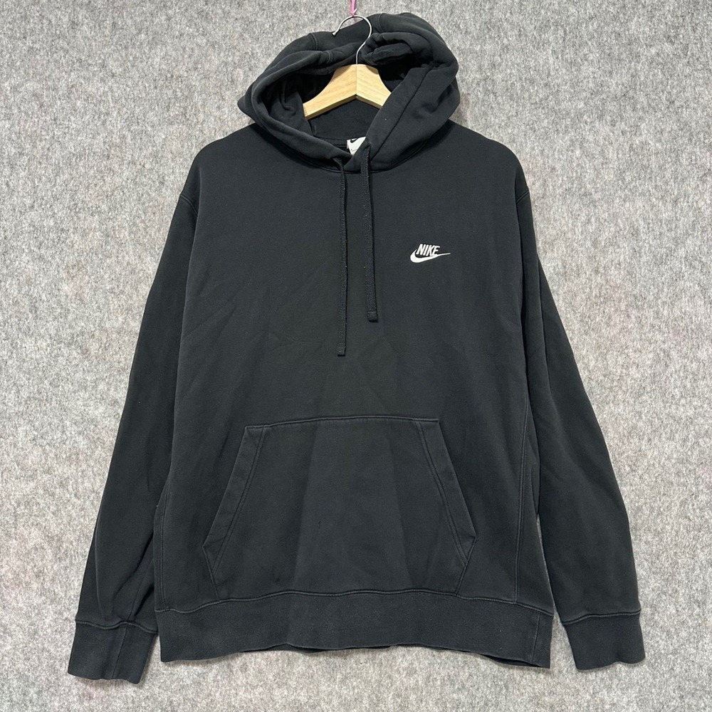 Y2K Nike Sportswear Club Fleece Hoodie Black Pullover Logo Men Size L